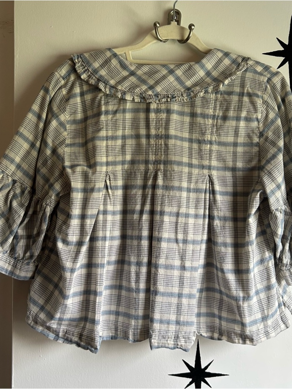 Urban Outfitters Boho Plaid Peasant Blouse - Cream & Blue - Picture 10 of 13